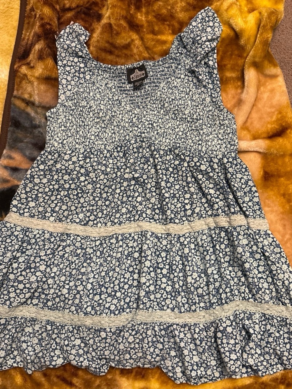 Angie Navy Blue Floral Lace-Trim Tiered Dress